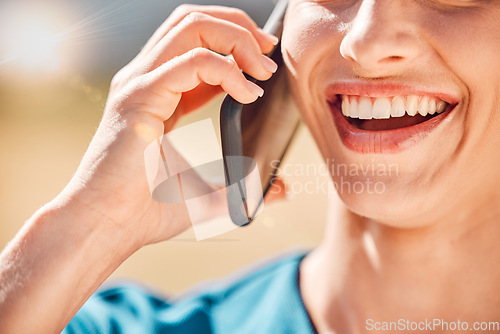 Image of Smartphone communication and woman on outdoor phone call enjoying 5g technology closeup. Girl with happy smile in digital audio conversation with secure mobile data internet connection.