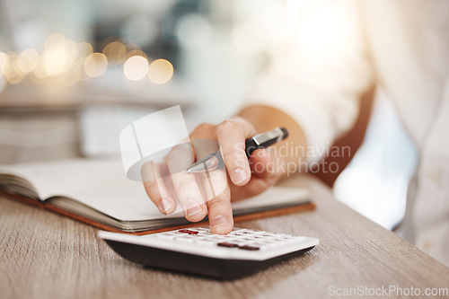 Image of Hand, finance and budget of a man on calculator in financial plan, management or startup for expenses. Hands of male in accounting, calculating and small business planning for savings and profits
