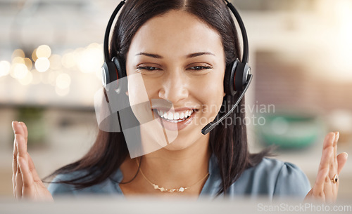 Image of Call center, happy woman and customer service sales employee consulting, talking telemarketing and working on computer in office. Contact support agent, receptionist and crm internet communication