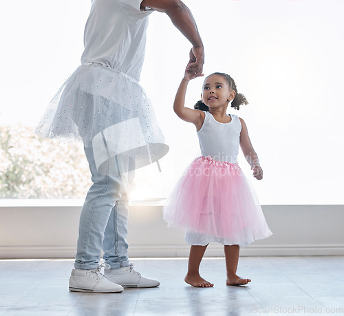 Image of Young girl, learning ballet with dad or teacher for fitness, fun and health at house. Female child dancer in costume dress, dancing with father or dance instructor, lesson on home porch or balcony