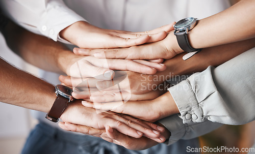 Image of Business teamwork hands, support and collaboration in motivation for goal, vision and success together. Closeup group of people, diversity and trust for winning agreement, partnership and achievement