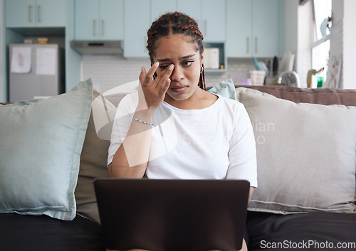 Image of Stress, sad and student crying with laptop alone thinking of bad news, depression and report deadlines. Burnout, anxiety and depressed girl working at home frustrated with mistakes, fail and fear