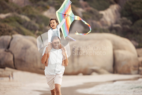 Image of Family, kite flying and beach vacation with father and daughter walking while carrying on shoulders and enjoying a summer vacation or holiday. Man and excited girl child playing with energy in nature