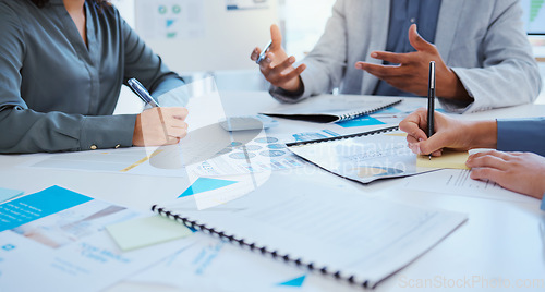 Image of Team, collaboration and hands of business people planning a proposal strategy for success in negotiation or partnership presentation. Corporate group of people working together in company meeting