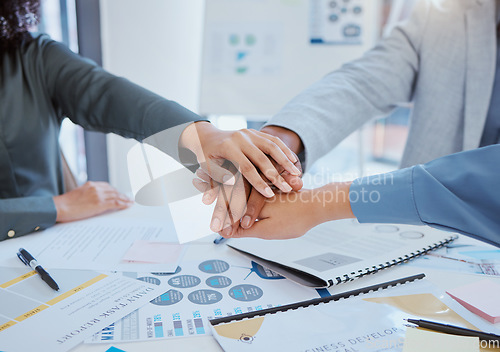 Image of Team hands, collaboration and meeting in agreement for company project plan, strategy and goal at the workplace. Business people hand in teamwork and support for work unity or community at the office