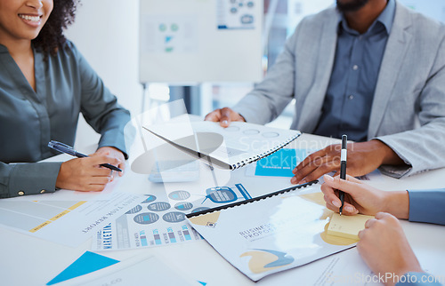 Image of Business team, financial report and collaboration meeting while discussing documents for investors to review revenue performance analytics data. Executive men and women with paperwork while planning