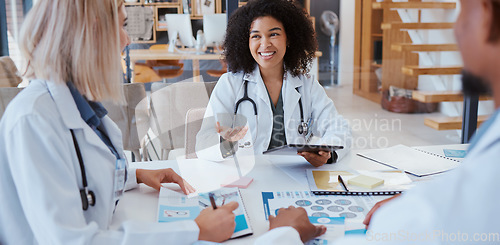 Image of Medical doctors talk about research, consulting each others scientific opinion and giving expert analysis of patients health. Clinics can help people by providing quality services that are affordable