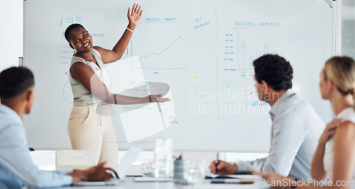 Image of Presentation, business meeting or black woman leader on whiteboard for strategy, training and planning KPI growth mission. Business people with analytics, sales data analytics or analysis in workshop