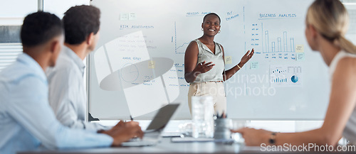 Image of Black woman leadership, whiteboard business analysis and presentation for meeting, workshop planning and team mentor. Manager talking, training and working vision, strategy idea and finance analytics