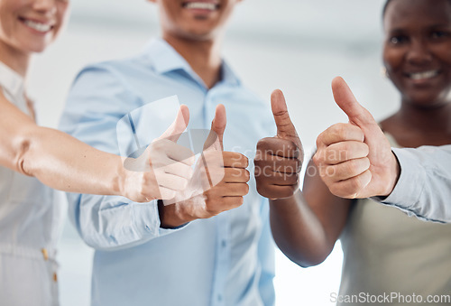 Image of Corporate thumbs up and teamwork with success hands for business workforce development and motivation. Agreement, partnership and winning achievement together in professional work team.