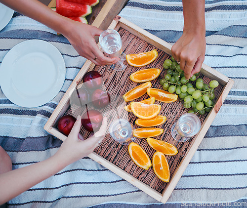 Image of Picnic, champagne and food with women hands in a park outdoors in summer, fruit, drink and group of friends in nature on the weekend. Diversity, above and a party on the blanket or relax in summer