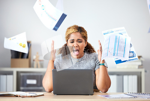 Image of Stress, angry and sad finance manager throwing documents, paper and paperwork while on laptop. Depression, frustrated or screaming black woman making mistake, failure or error on tax on computer.