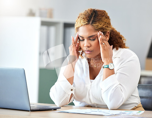 Image of Stress, anxiety and headache with business woman working in a corporate office. Manager with fear of deadline, mental health and burnout while sitting with online report or work review with laptop