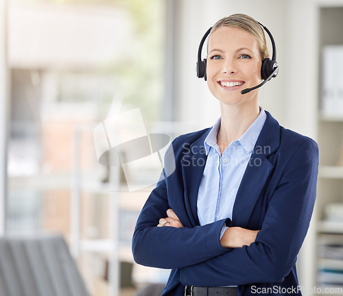 Image of Call center woman and success manager smile with headset on telemarketing and support call at office. Customer service consultant, crm agent or employee consulting or helping with contact us question