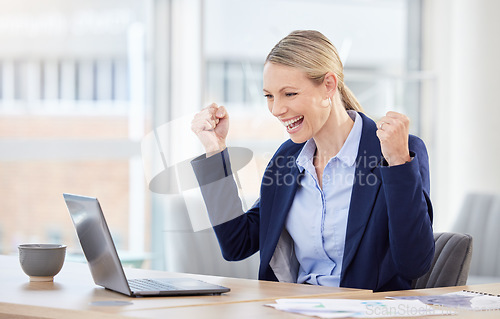 Image of Excited, happy and celebration finance worker cheer, success and profit with stock market trade on office laptop. Winner, wow and professional financial analyst smile with pride checking information