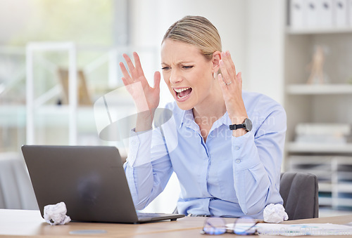 Image of Laptop accident, angry and business woman with anxiety about work email, stress about startup company review and mental health problem in office. Employee computer glitch without insurance at desk