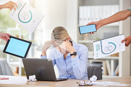 Image of Stress, demand and woman worker with hands holding business reports and blank technology screens. Anxiety, overwhelmed and tired person unhappy with corporate career pressure and deadline.