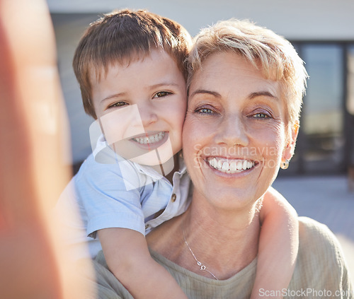 Image of Selfie, grandma and child love to smile, play and bond together outdoor at family home or house. Happy senior, elderly or grandparent with young kid smiling for joy, happiness and care outside