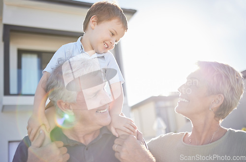 Image of Happy family, baby and grandparents outdoor in summer sunshine with lens flare for vitamin d wellness, healthcare and growth development. Grandmother and grandfather spending time with kid or child
