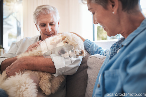 Image of Retirement, dog and senior couple love, hug and care for puppy on sofa in a home for mental health and wellness. Elderly pension people on couch together with adopted animal pet friend for loyalty