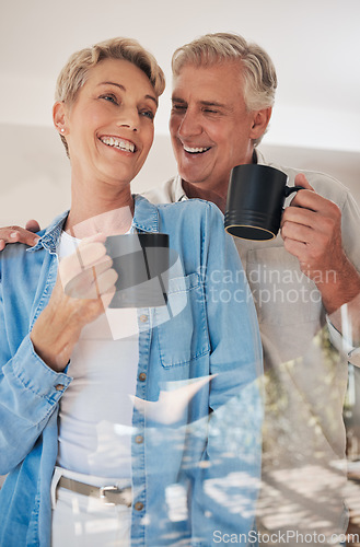 Image of Retirement, relax and coffee with couple in the morning together for love, happy and support. Care, drink and smile with elderly man and old woman for marriage, happiness and breakfast at home