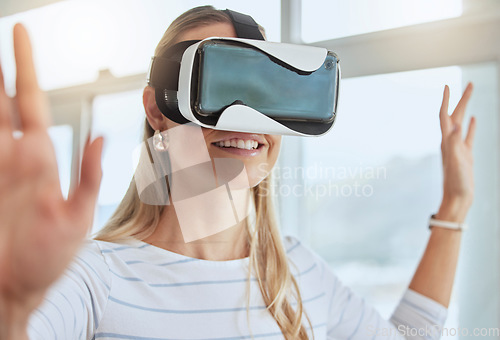 Image of Virtual reality, metaverse and happy woman relaxing and playing vr goggles interactive game using futuristic technology at home. Future, iot and cyberspace while exploring 3d world with ai headset