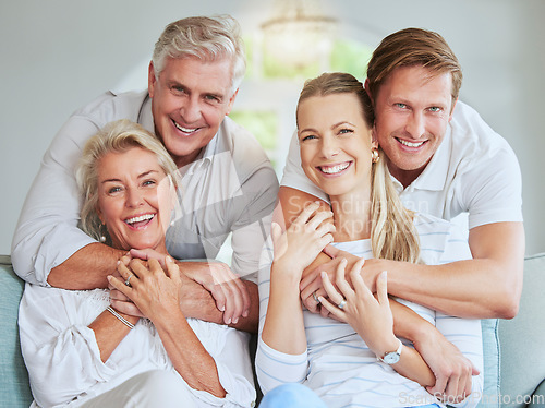 Image of Smile, hug and portrait of happy family relax on living room sofa bonding, having fun and enjoy quality time together. Happiness and family generations of parents, daughter or son lounge at home