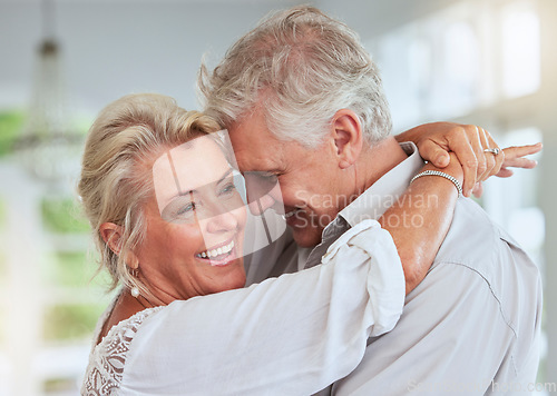 Image of Retirement, hug and happy couple celebration, dancing together with love and happiness in their home. Celebrate, dance and marriage affection of senior people for valentines day in summer house