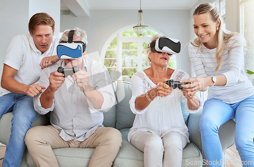 Image of Futuristic family with video game VR or virtual reality glasses in home with couple helping senior people. Metaverse, future games and elderly people play ai 3D simulation software app together