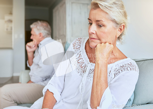 Image of Retirement couple, ignore and fight for divorce with marriage cheating revelation shock. Elderly people in relationship conflict break up with infidelity secret confession and trust issue.