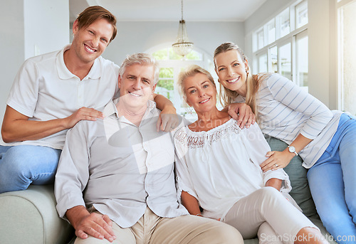 Image of Family portrait in living room or parents house with women, men and happy senior retirement couple. Happiness, love and care for grandparents in summer holiday house with lens flare for mental health