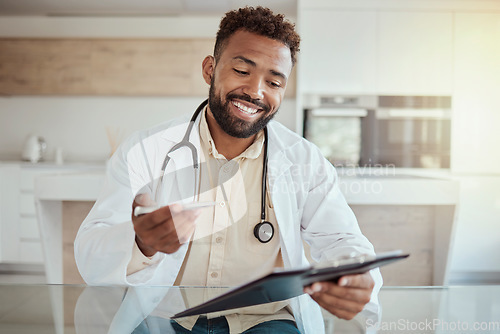 Image of Medical, consulting and checklist with doctor at desk in hospital or clinic for trust, communication and help. Documents, medicine and healthcare with black man for therapy, check and results