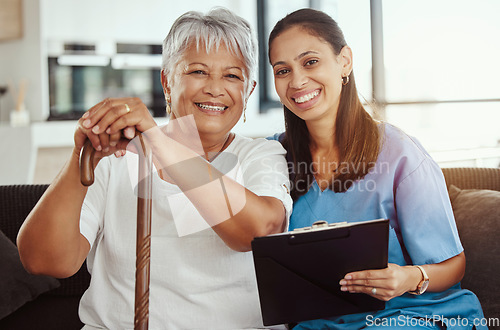 Image of Nurse, healthcare and senior woman with medical support from doctor, consulting for health or happy in communication in retirement. Portrait of elderly person with trust in caregiver worker in house