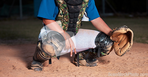 Image of Baseball, player and sign of a sports hand gesture or signals for game strategy showing curveball on a pitch. Catcher holding ball glove in sport secret for team communication during match at night