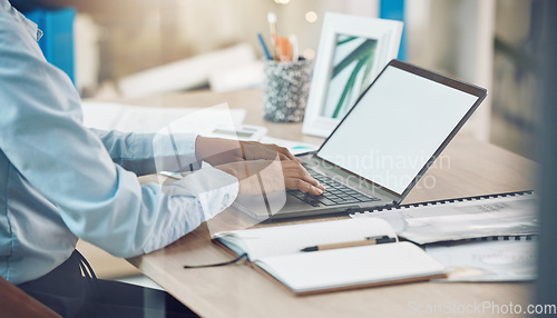 Image of Business woman hands typing on laptop, research or working on accounting, finance or marketing data. Corporate person, pc tech computer and reading, writing email or planning a budget in the office