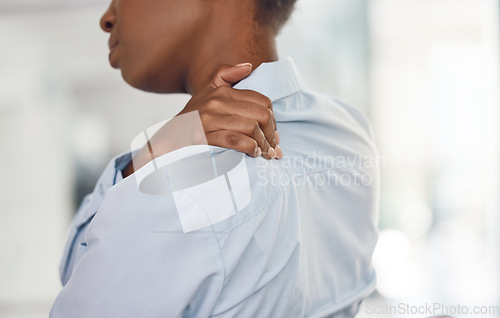 Image of Corporate woman and shoulder pain injury inflammation and backache problem with back view. Business person with chiropractic disorder holding muscle to touch physical pressure in joint.