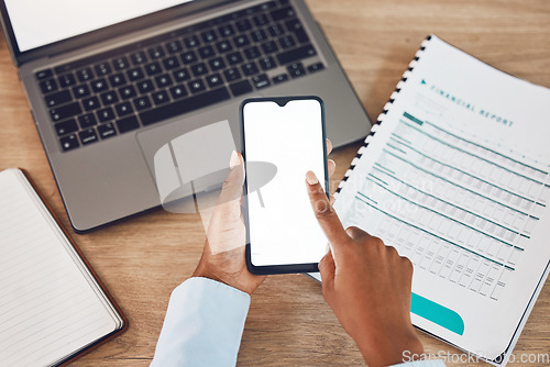 Image of Financial black woman, phone or laptop mock up screen for fintech app, finance accounting website or investment software. Zoom on hands, budget paper or loan documents and insurance mockup technology