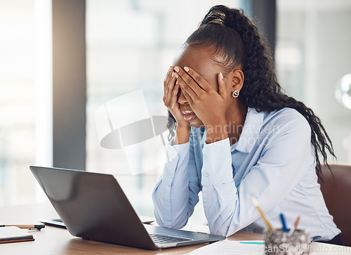 Image of Stress, sad and burnout business woman in office with laptop from depression, mental health or anxiety. Employee with 404, glitch or tech error with tax, audit and report mistake or headache at work