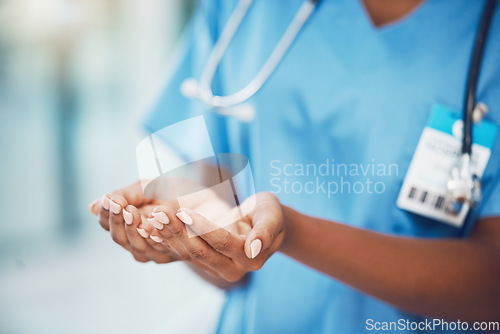 Image of Medicine, woman healthcare and doctors hands with mock up for marketing, advertising or sale of medical product. Hospital, trust and insurance with a health professional and mockup