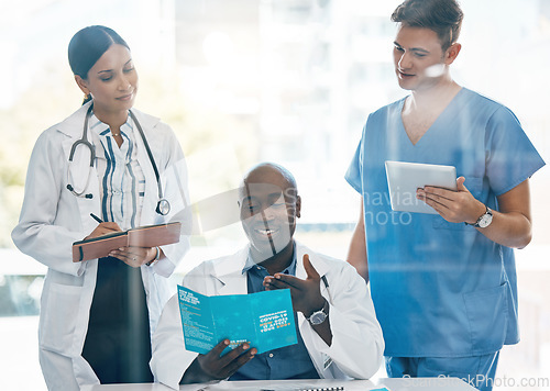 Image of Diversity doctors, team and healthcare planning, collaboration and teamwork in meeting in hospital office. Medical, leadership and nurse with communication, strategy and disease information review.