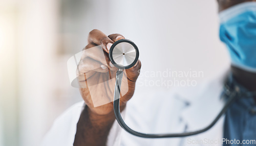 Image of Healthcare, medical and doctors hand with stethoscope in hand of nurse for heartbeat or breathing in hospital office. Medicine, insurance and consulting with health professional in clinic