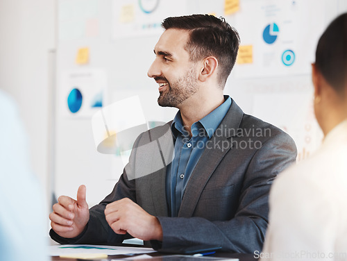 Image of Business meeting, leadership and corporate man, manager or leader work for SEO, data analysis and accounting training. Happy employee and executive discussing financial information with team