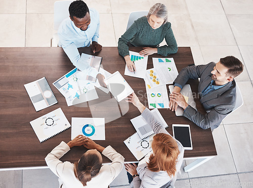 Image of Business meeting, planning and marketing with employee and top view of documents for strategy, teamwork and collaboration. Vision, conference and support with business people at desk in office