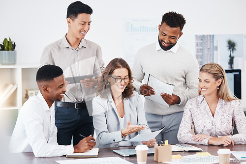 Image of People, manager and business meeting paperwork discussion, KPI review or finance report with proposal document. Teamwork, leadership and collaboration group talking, planning and working on strategy