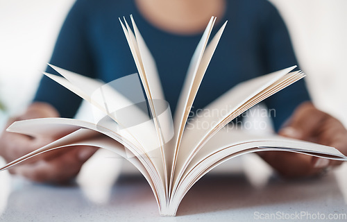 Image of Books, reading and study with a book in the hands of a woman student studying for university or college exams. Notebook, education and scholarship with a female pupil learning for a test or exam