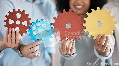 Image of Problem solving business people with integration sign for teamwork, collaboration and connection while working together. Corporate worker group with cogs for synergy, cooperation and system solution