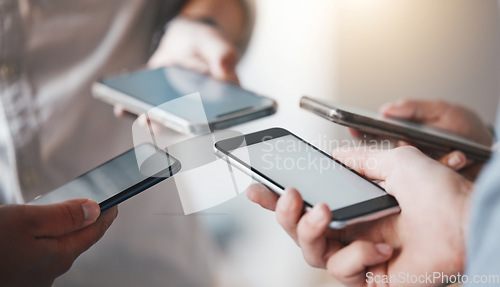 Image of Hands of people in circle on smartphone, phone or cellphone communication sharing data email. Web, wifi tech and social media group online chat, nfc or connected for gaming app or money transfer.