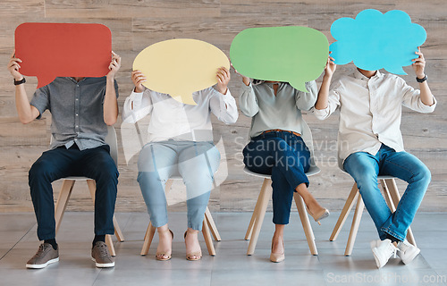 Image of Diversity, opinion and poster with speech bubble thinking about news poll vote on review board. Team with social media mock up advertising boards of communication icon, cloud or billboard to network