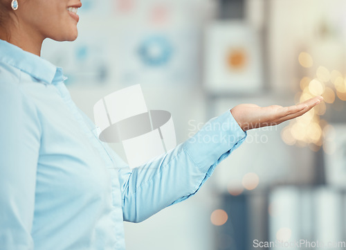 Image of Business woman in the office with hand and palm open, asking for funding for business. Female worker getting funds, money and donations for company. Working, start up career and corporate leader