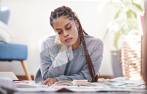 Image of Study, sticky note and books for girl studying for university, college or school final exam test. Education, learning and black woman or scholarship student working, focus and reading notebook